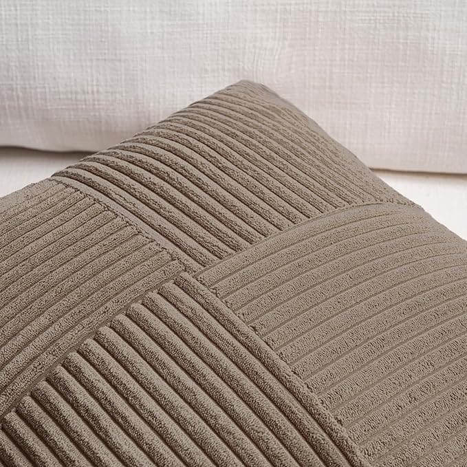 Fancy Homi Set of 2, Light Brown Patchwork Corduroy Decorative Soft Striped Modern Accent Cushion Case Farmhouse Boho Neutral Throw Pillow Covers for Chair Couch Bed Sofa Living Room 28x28 Inch