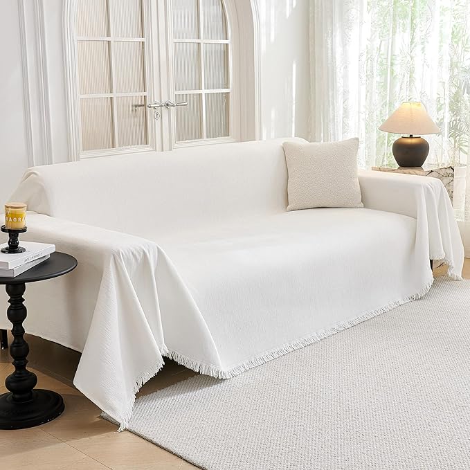 MYSKY HOME Couch Cover for Dogs Washable Couch Covers for 3 Cushion Couch Sofa Super Soft Sofa Slipcover Non Slip Sofa Cover, Chenille Sofa Covers for Dogs, Furniture Protector, 71"x150", White