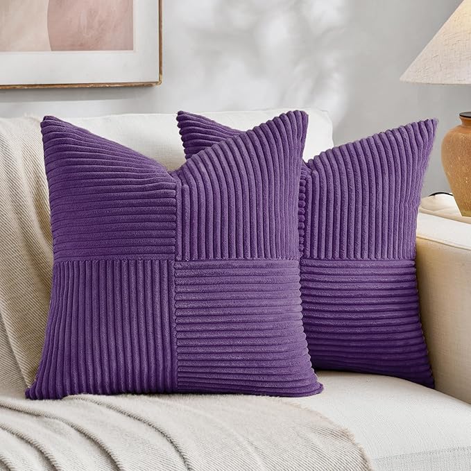 Fancy Homi 2 Packs Purple Decorative Throw Pillow Covers 18x18 Inch for Living Room Couch Bed, Boho Farmhouse Home Decor, Soft Corss Corduroy Patchwork Textured Square Cushion Case 45x45 cm