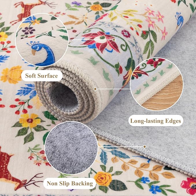 HEBE Washable Hallway Runner Rug 2'x 8' Non Slip Kitchen Rugs Runner,Low Pile Entryway Rug Laundry Room Mat Floral Carpet Runners for Hallways, Kitchen,Bathroom,Laundry,Bedside Rug