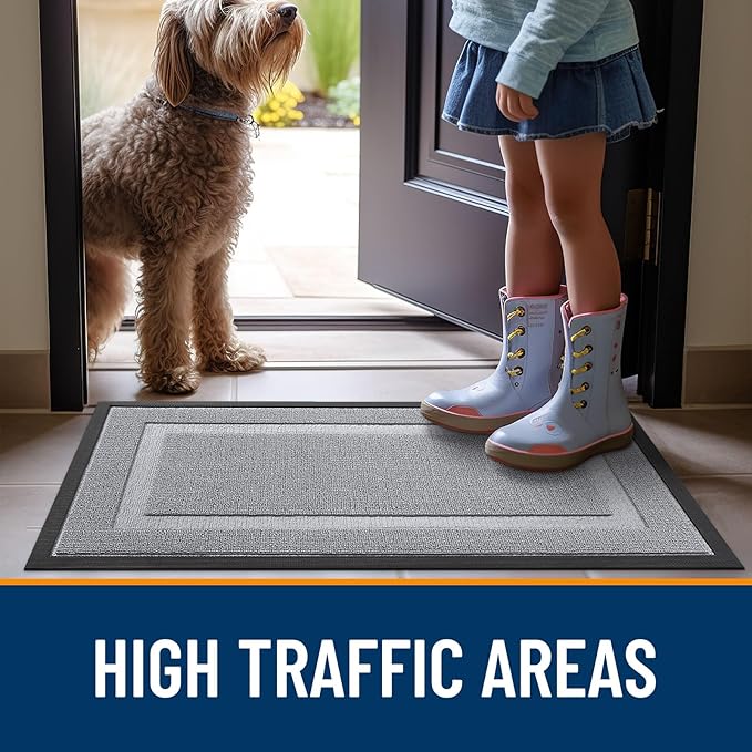 OLANLY Front Door Mat Indoor Outdoor Entrance, Waterproof All-Season, All-Weather Doormat, Sturdy Natural Rubber, Low Profile, Easy Clean Patio Porch Entryway Mat, 29.5x17, Silver Gray