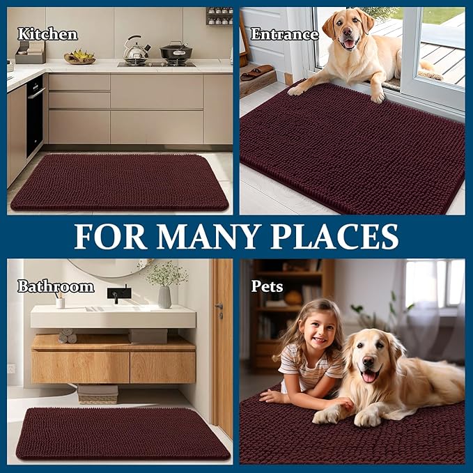 OLANLY Dog Door Mat for Muddy Paws 59x32, Absorbs Moisture and Dirt, Absorbent Non-Slip Washable Doormat, Quick Dry Chenille Mud Mat for Dogs, Entry Indoor Entryway Carpet for Inside Floor, Russet