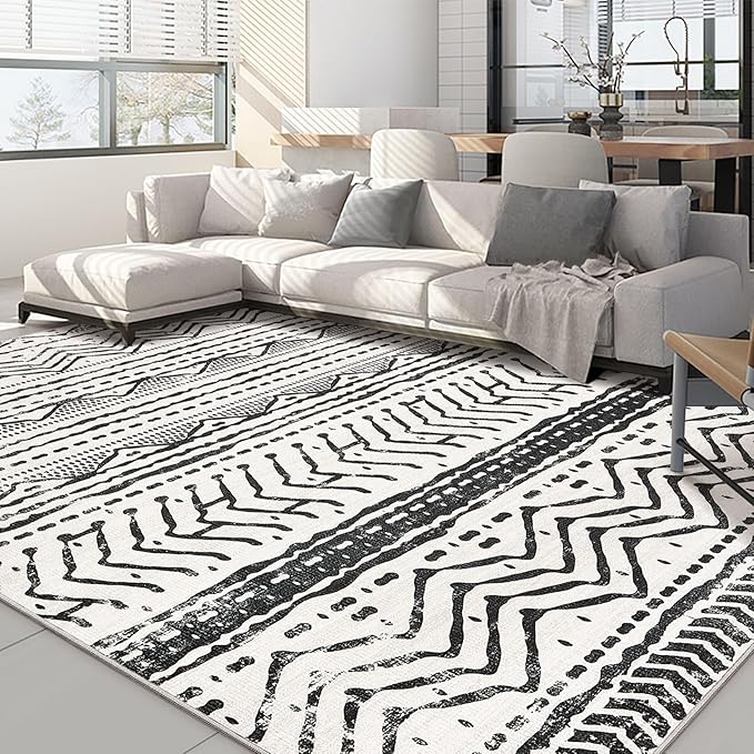 Nakagishi Area Rug Living Room Rugs: 6X9 Machine Washable Boho Large Neutral Farmhouse Stain Resistant Moroccan Indoor Floor Carpet for Bedroom Nursery Dorm Dining Room Home-Ivory Black