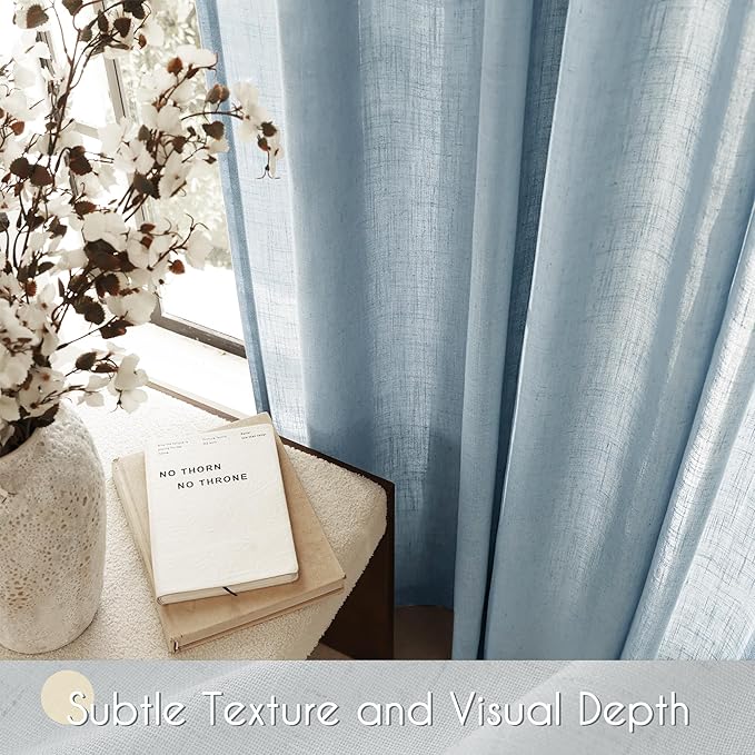 Dusty Blue Linen Curtains for Living Room Back Tab Light Filtering Semi Sheer Light Blue Bedroom Curtains Linen Cotton Textured Grey Blue Drapery Panel Airy Modern Farmhouse Aesthetic Decor 52x96 Long