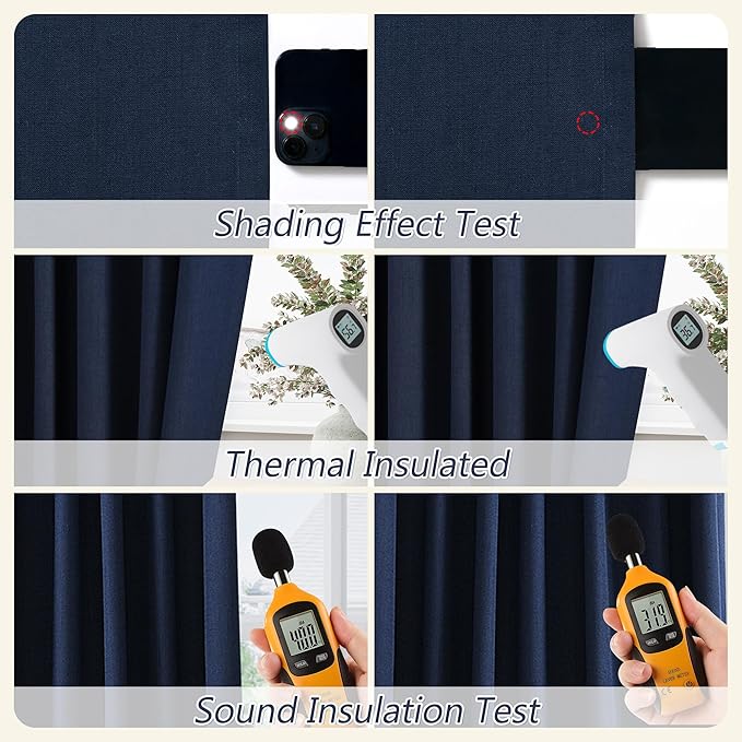 Guken Navy Blue 100% Blackout Linen Curtains 102 Inch Length 2 Panels Set for Living Room Bedroom Back Tab Thermal Insulated Black Out Linen Drapes Room Darkening Window Curtains,52x102