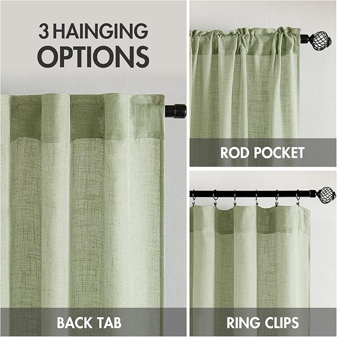 MIULEE Sage Green Linen Curtains 96 Inch Long for Bedroom Living Room, Soft Thick Linen Textured Window Drapes Semi Sheer Light Filtering Back Tab Rod Pocket Burlap Look Farmhouse Decor, 2 Panels