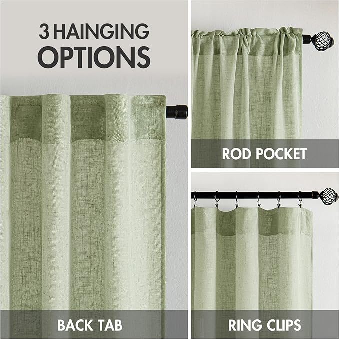 MIULEE Sage Green Linen Curtains 102 Inch Length 2 Panels for Bedroom Living Room, Soft Thick Linen Textured Window Drapes Semi Sheer Light Filtering Back Tab Rod Pocket Burlap Look Decor