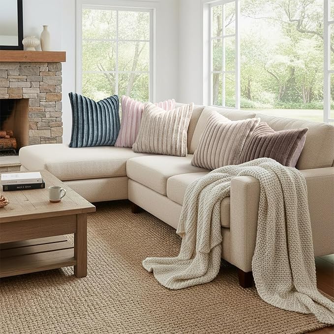 decorUhome Cozy Faux Fur Throw Pillow Covers 18x18 Set of 2 Decorative Soft Plush Striped Modern Farmhouse Boho Couch Pillow Cases with Velvet Back for Sofa Bed Living Room, Tan