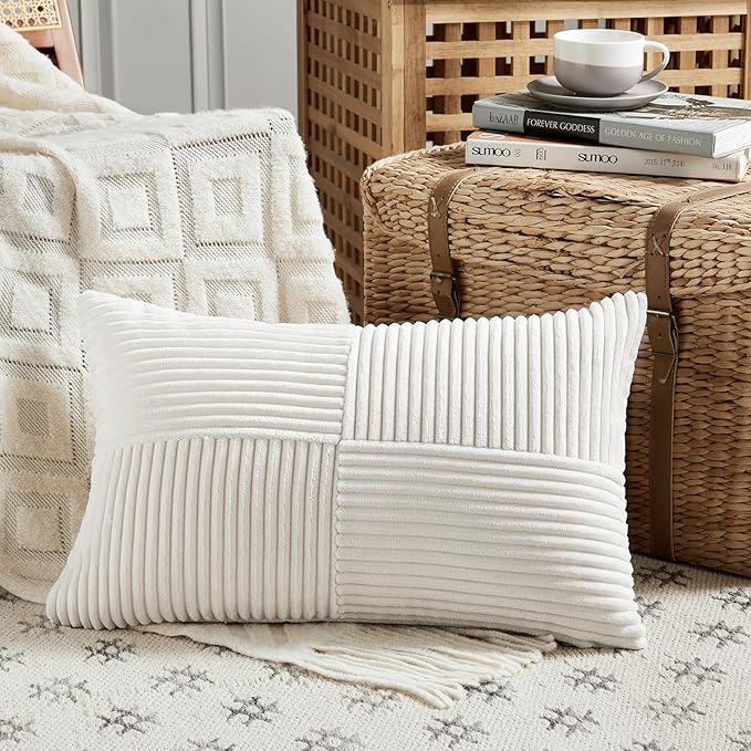 Fancy Homi 2 Packs Cream White Lumbar Decorative Throw Pillow Covers 14x22 Inch for Living Room Couch Bed Sofa, Rustic Farmhouse Boho Home Decor, Soft Striped Corduroy Rectangle Accent Cushion Case