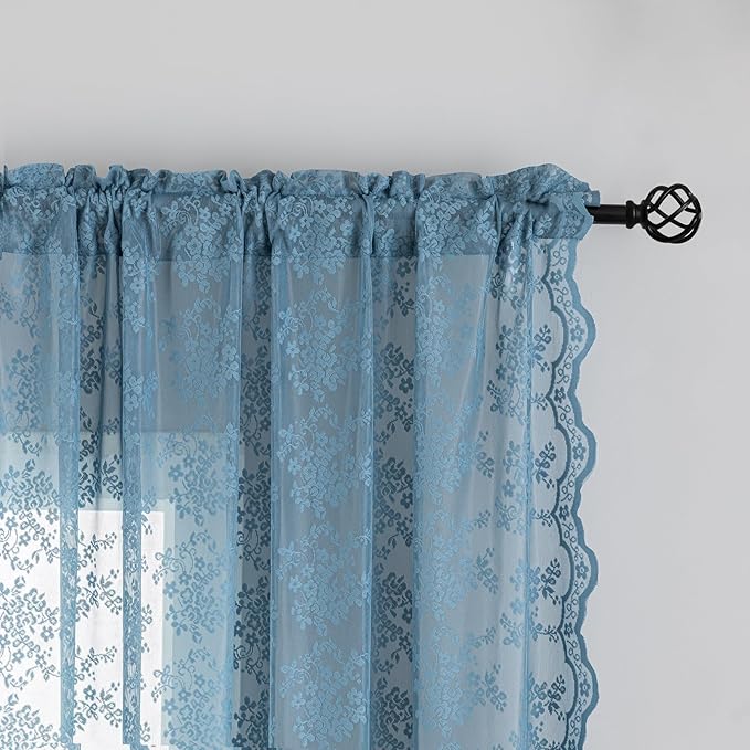 YJ YANJUN Vintage Lace Curtains 96 Inches Long-Victorian Floral Pattern Dusty Blue Sheer Curtain Panels for Living Room Bedroom Nautical Decor Provide Privacy 8FT W52 X L96 Stone Blue