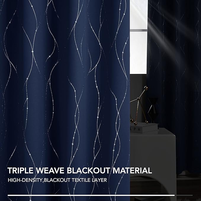 Deconovo Navy Blue Curtains, Blackout Curtain for Bedroom, 38 x 72 Inch, Thermal Insulated Soundproof Privacy Drapes with Silver Wave Dots Pattern, Grommet Top, Machine Washable Panel for Living Room