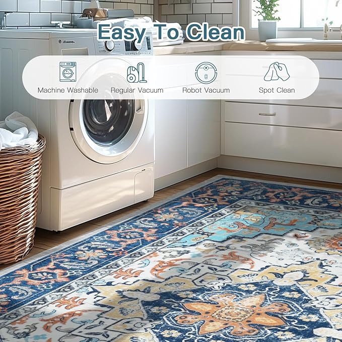 Lofus 5x7 Area Rugs for Living Room, Washable Area Rug, Rugs for Bedroom, Kitchen, Vintage Boho Carpet, Soft Non-Slip, Low Pile Large Area Rug for Office Dining Room, Floral Blue