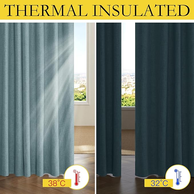NICETOWN 100% Absolutely Blackout Linen Curtains with Thermal Insulated Liner, Skylark Blue, 42" Wide, 45" Length Energy Saving Curtains for Dining Room 2 Panels Set, Vertical Blinds