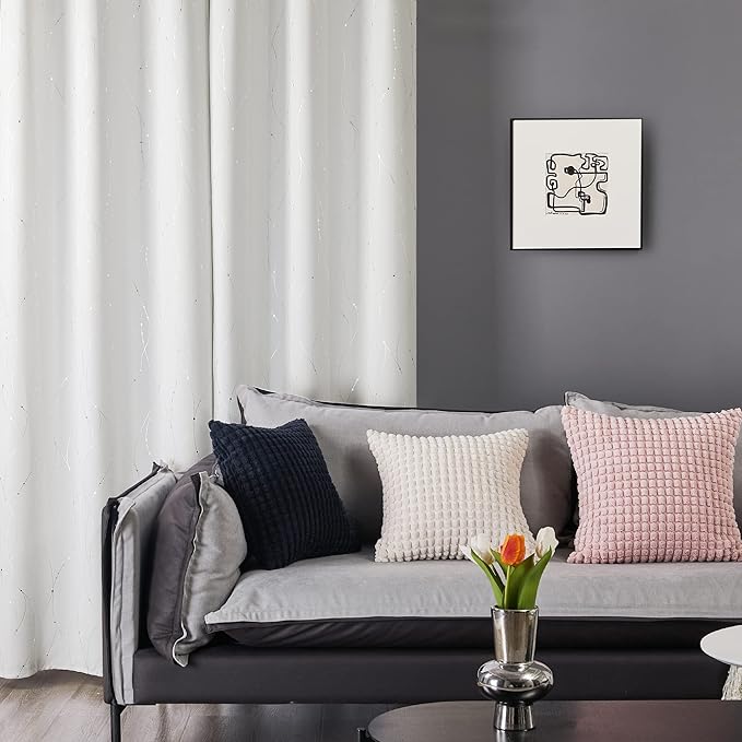 Deconovo White Curtains 84 Inches Long, Room Darkening Curtain, Thermal Insulated Soundproof Drapes, Wave Dots Silver Print, Grommet Top, Window Panels for Living Room Bedroom Nursery Office, Set of 2