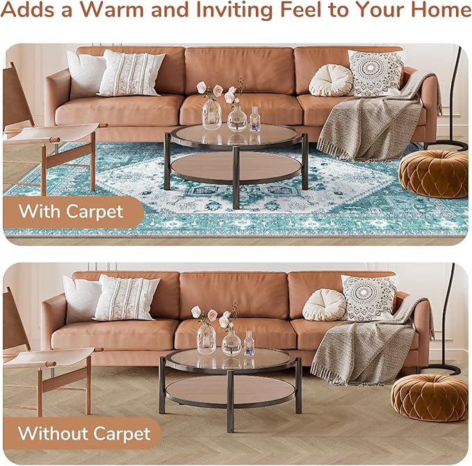 OPPODREAM Soft 10x14 Area Rugs, Washable Rugs 10x14 with Non Slip Backing, Low-Pile Faux Cashmere 10 x 14 Carpet, Teal & Turquoise & Cream