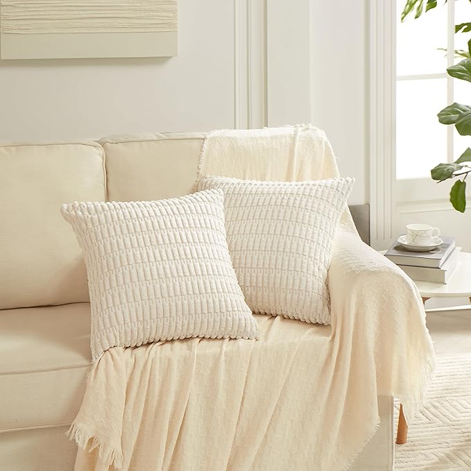 Fancy Homi 4 Packs Neutral Big Decorative Throw Pillow Covers 24x24 Inch for Living Room Couch Bed Sofa, Rustic Farmhouse Boho Home Decor, Soft Plush Striped Corduroy Square Cushion Case 60x60 cm