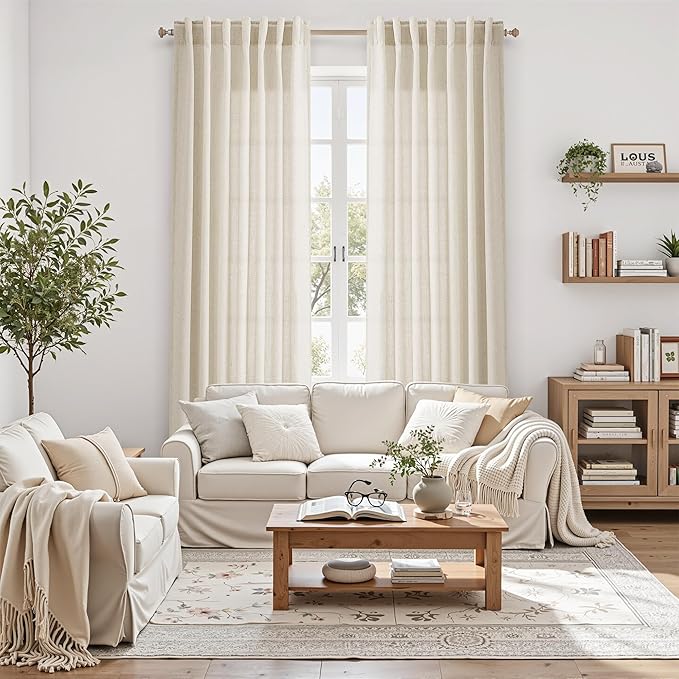Birch Beige Linen Curtains for Living Room 105 Inches Long Light Filtering Semi Sheer Curtain Back Tab Modern Farmhouse Decor Elegant Luxury Coastal Drapes for Bedroom Dinner Room 52x105, 2 Panels