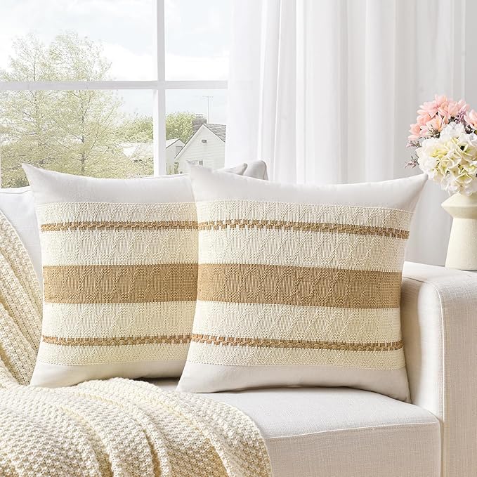 Fancy Homi Set of 1 Tan Neutral Decorative Throw Pillow Cover 16x16 Inch for Couch Bed Sofa, Aesthetic Modern Organic Farmhouse Boho Home Decor, Soft Cotton Cute Accent Macrame Woven Cushion Case