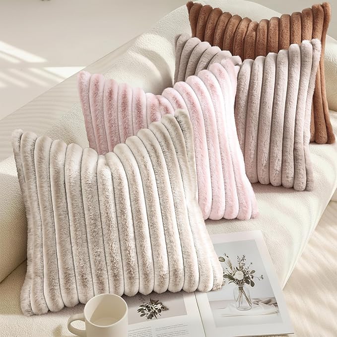 decorUhome Summer Cozy Faux Fur Throw Pillow Covers 26x26 Set of 2 Decorative Plush Striped Modern Farmhouse Boho Couch Euro Sham Pillow Cases with Velvet Back for Sofa Bed Living Room, Pink White