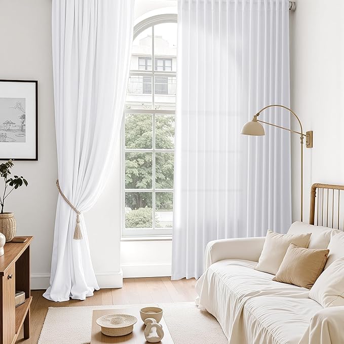 Snow White Linen Curtains 72 Inches Long for Living Room Light Filtering Semi Sheer Curtain Back Tab Luxury Neutral Coastal Modern Farmhouse Decor Drapes for Bedroom Dinner Room 52x72, 2 Panels