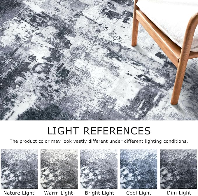 KOZYFLY Modern Abstract Area Rug 8x10 Gray Washable Large Living Room Thin Rugs Bedroom Non Skid Carpet with Faux Wool Soft Low Pile for Dining Room Living Room Office Dorm Kitchen Table Apartment