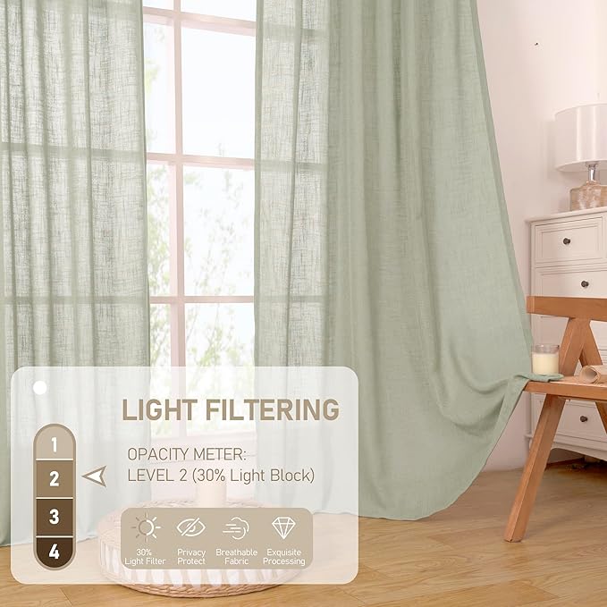 LAMIT Sage Grey Linen Curtains 54 Inch Length 2 Panels, Light Filtering Panels Back Tab and Rod Pocket Neutral Drapes for Kitchen/Window/Bedroom, 52 x 54 Inch
