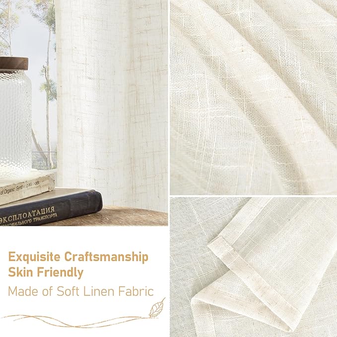 LAMIT Cream Linen Curtains 40 Inch for Small Window, Light Filtering Neutral Semi Sheer Window Boho Curtains Back Tab and Rod Pocket Panels for Kitchen/Living Room, 2 Panels, 34 x 40 Inch