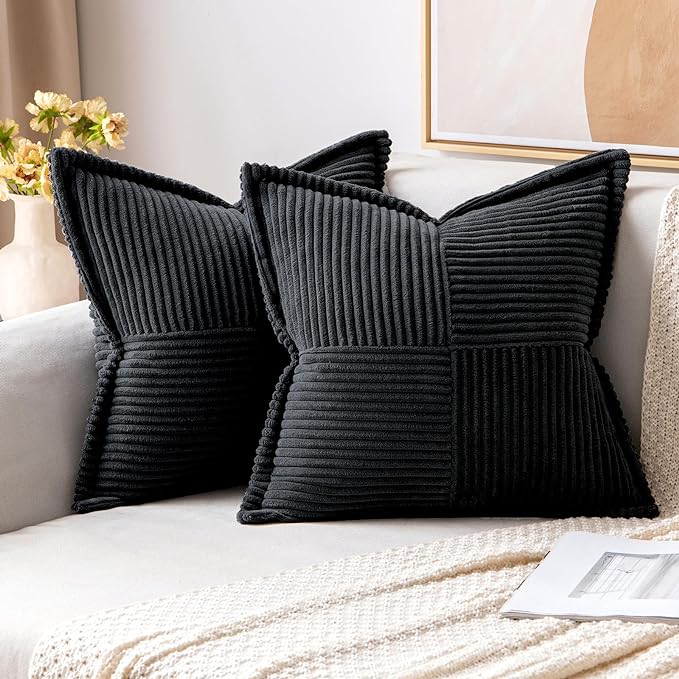 MIULEE Decorative Throw Pillow Covers for Couch Bed Livingroom 18x18 Inch Set of 2 Black Boho Accent Throw Pllows Broadside Striped Patchwork Soft Corduroy Pillowcases