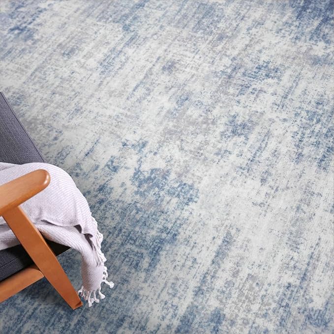 IOHOUZE Abstract Area Rugs 8x10 Ft Washable Large Rugs for Living Room, Non Slip Dining Room Rug, Printed Faux Wool Rugs for Bedroom, Floor Carpet for Office Nursery Playroom, Light Blue Grey