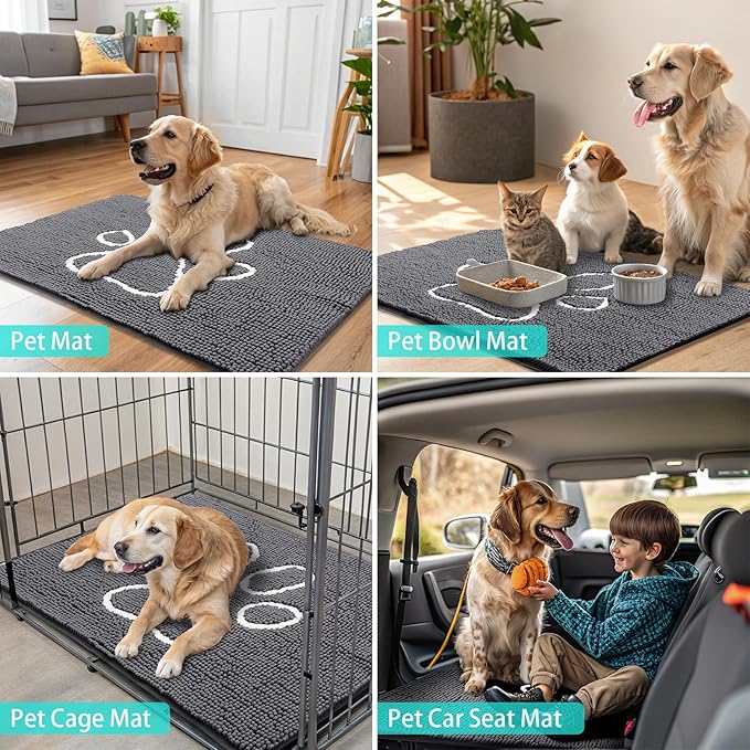 Smiry Dog Door Mat for Muddy Paws, Absorbent Dirt Trapper Non Slip Quick Dry Washable Chenille Mat for Mud Dogs, Entry Rug for Indoor and Outdoor (44x32 Inches, Dark Grey and White)