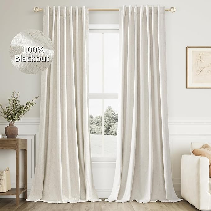 Guken Cream 100% Blackout Linen Curtains 96 Inch Length 2 Panels Set for Living Room Bedroom Back Tab Thermal Insulated Black Out Drapes Room Darkening Window Curtains Ivory Natural