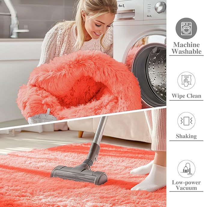 OLANLY Area Rugs for Living Room Bedroom, Machine Washable 4x5.9 ft Soft Fluffy Shaggy Bedside Rug, Indoor Floor Carpet for Kids Girls and Boys, Dorms, Nursery Rooms, Home Decor Aesthetic, Coral Red
