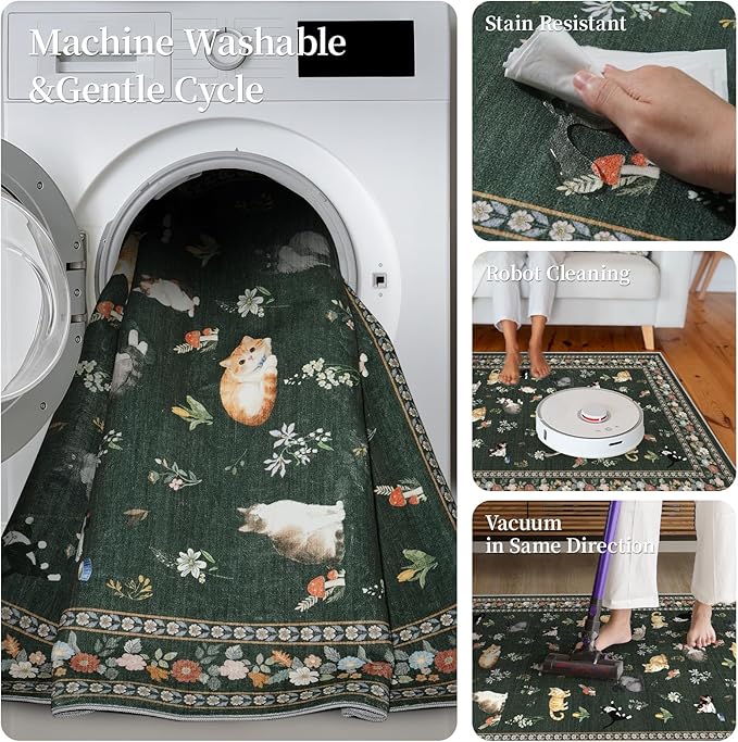 3x7 Washable Kitchen Runner Rug - Soft Low Pile Floral Animal Cat Print Rugs with Non-Slip Backing Waterproof Stain-Resistant Indoor Carpet for Hallway Entryway Bathroom Bedroom (Sage Green)