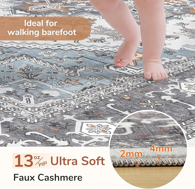 OPPODREAM Soft 10x14 Area Rugs, Washable Rugs 10x14 with Non Slip Backing, Low-Pile Faux Cashmere 10 x 14 Carpet, Grey & Teal & Yellow