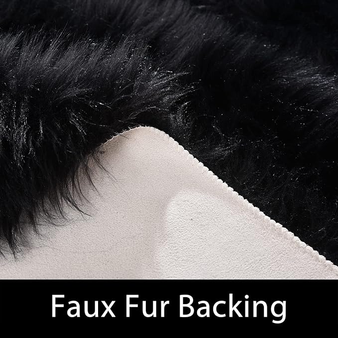 Latepis Black Furry Rugs for Bedroom Circle Faux Sheepskin Fur Rug Fluffy Round Rugs 6ft High Pile Plush Shaggy Rug for Living Room Playing Room Luxury Home Decor