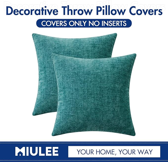 MIULEE Pack of 2 Couch Throw Pillow Covers 20x20 Inch Soft Teal Chenille Pillow Covers for Sofa Living Room Solid Dyed Pillow Cases
