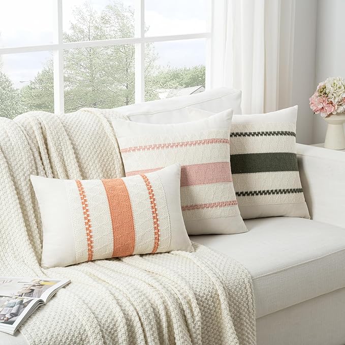 Fancy Homi Set of 1 Boho Moss Green Lumbar Decorative Throw Pillow Cover 12x20 Inch for Couch Bed Sofa Chair, Modern Organic Farmhouse Home Decor, Soft Cotton Cute Accent Rectangle Cushion Case