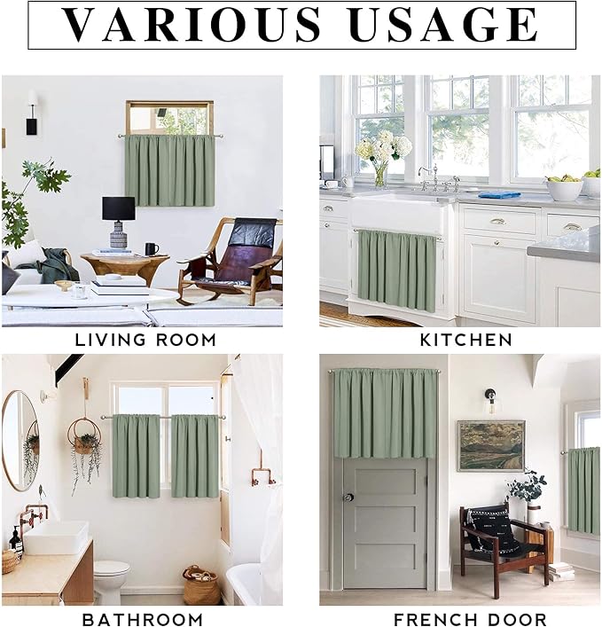 RYB HOME Kitchen Blackout Curtains Over Sink 36 inch Length, Rod Pocket Summer Light UV Blocking Energy Efficient, Cabinet Shelf Cupboard Coverings, Width 29 by Length 36, Greyish Green, 2 Panels