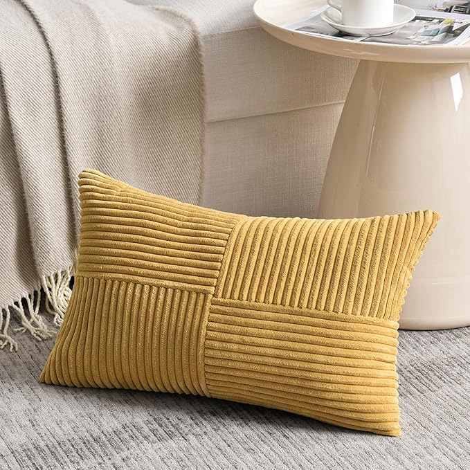 Fancy Homi 2 Packs Mustard Yellow Lumbar Decorative Throw Pillow Covers 20x28 Inch for Living Room Couch Bed, Rustic Farmhouse Boho Home Decor, Soft Striped Corduroy Rectangle Accent Cushion Case
