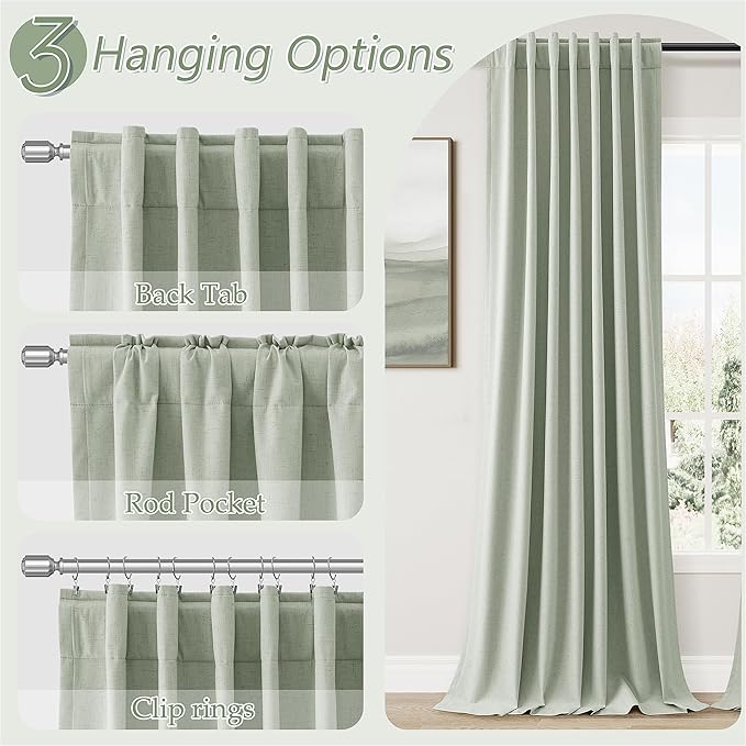 Guken Mist Sage 100% Blackout Linen Curtains 90 Inch Length 2 Panels Set for Living Room Bedroom Back Tab/Rod Pocket Thermal Insulated Black Out Drapes Room Darkening Window Curtains 90 Inches Long
