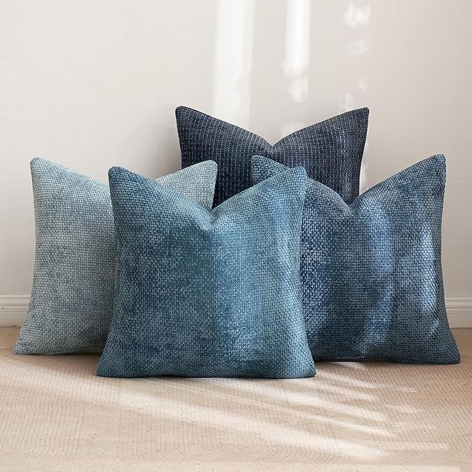 MIULEE Pack of 4 Couch Throw Pillow Covers 22x22 Inch Neutral Blue Soft Decorative Chenille Pillow Covers Farmhouse Accent Cushion Covers for Boho Western Spring Coastal Decor Sofa Bed Living Room