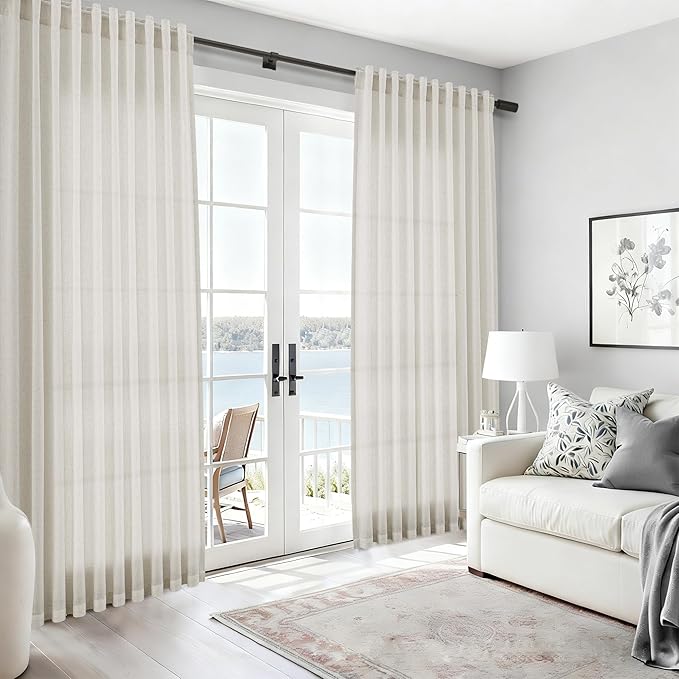 Nanspring Mousse White Lnen Curtains 102 Inches Long for Living Room Linen Light Filtering Semi Sheer Curtain Back Tab Simple Modern Floor to Ceiling Coastal Decor Drapes for Bedroom 52x102, 2 Panels