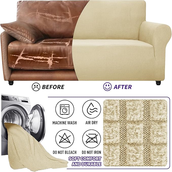 ZNSAYOTX Super Stretch Couch Cover Love Seat Sofa Covers for Living Room Dogs Pet Friendly Furniture Protector Spandex Loveseat Slipcovers with Anti Slip Foam Sticks (Beige, Medium)