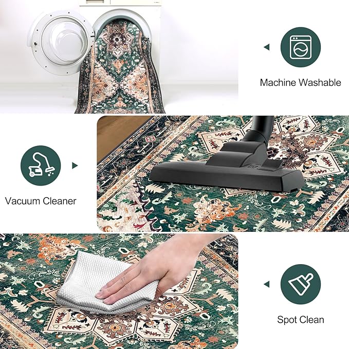 Yamaziot Washable Runner Rug, 2x6 Non-Slip Boho Vintage Hallway Rug Runner with Rubber Backing, Stain Resistant & Low Pile Faux Wool Distressed Carpet Runner for Kitchen, Laundry, Entrance