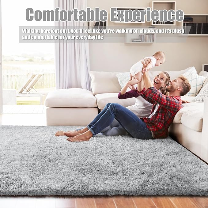 Ultra Soft Fluffy Area Rugs for Bedroom Living Room 10x14, Nursery Rug, Non-Slip Carpet for Kids Dorms Decor, Shaggy Bedside Rug, Light Grey