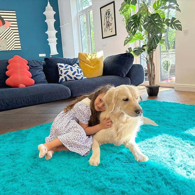 OLANLY 8x10 Machine Washable Large Area Rugs for Living Room, Bedroom, Soft Fluffy Shaggy Bedside Rug, Indoor Floor Carpet for Kids Girls and Boys, Dorms, Nursery, Home Decor Aesthetic, Teal Blue