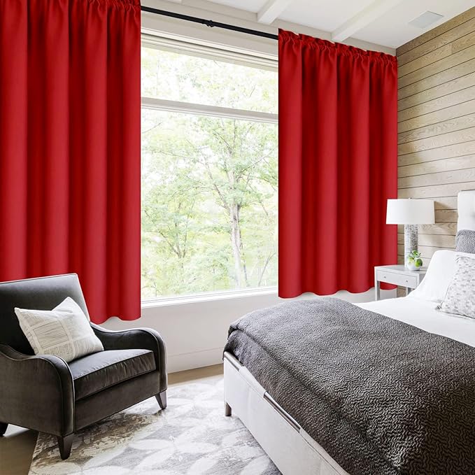 DWCN Blackout Curtains for Bedroom - Thermal Insulated Privacy Energy Saving Rod Pocket Drapes for Living Room, W 38 x L 63 Inch, Red, Set of 2