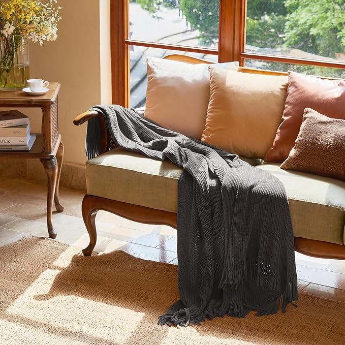 lifein Throw Blanket for Couch, Soft Boho Decor Bed Throw,Cozy Grey Knitted Chenille Small Farmhouse Lightweight Throw (Dark Grey,50 * 60")