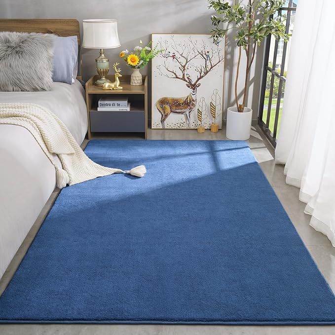 Amearea Modern Area Rugs for Bedroom Living Room, 4x6 Feet Blue Thickened Memory Foam Rug, Fluffy Indoor Washable Rugs Non Slip Minimalist Carpet for Kids Boys Girls Dorm Nursery Room Decor