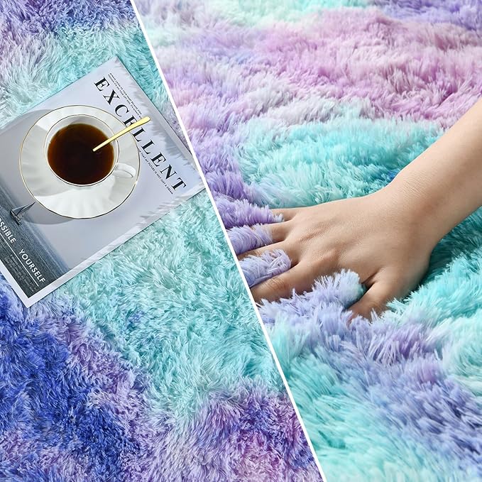 Shag Area Rug, 4 X 6 Tie-Dyed Plush Fuzzy Rugs for Living Room, Ultra Soft Fluffy Furry Rug for Bedroom, Indoor Carpet Nursery Rugs for Kids Room Home Decor, Rainbow